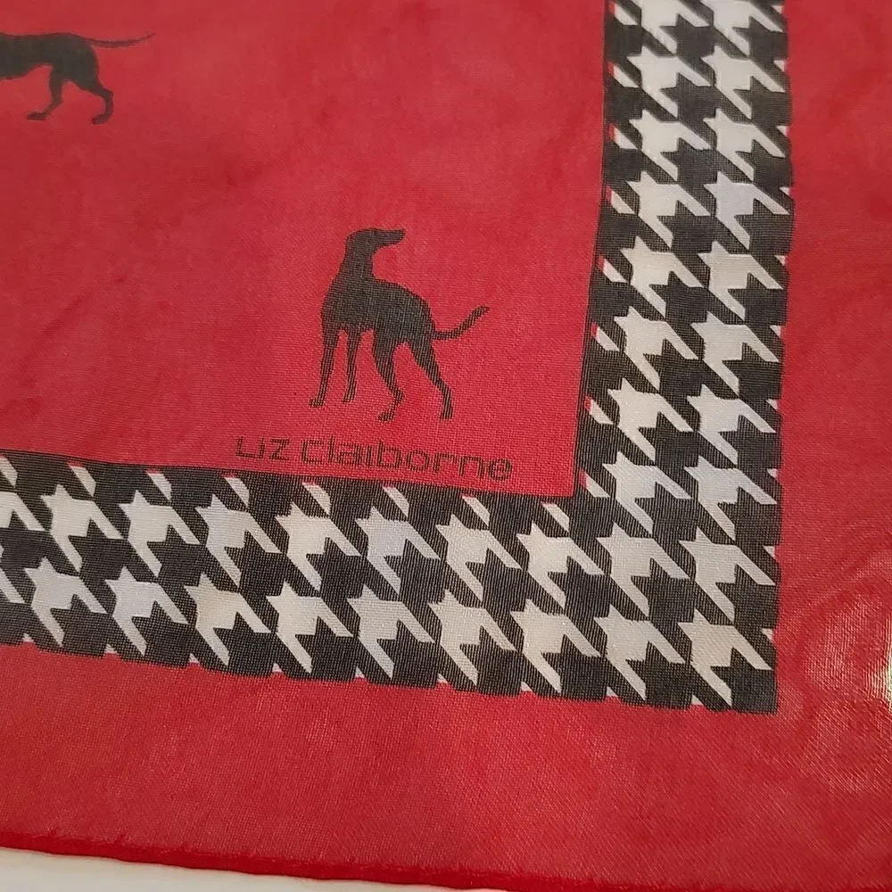 Liz Claiborne Square Novelty Dog Print Red Scarf with Herringbone Trim